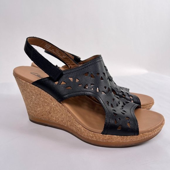 Clarks Black Tooled Leather Slingback Open Toe Cork Wedge Slide Sandals Size 11 - Picture 2 of 9